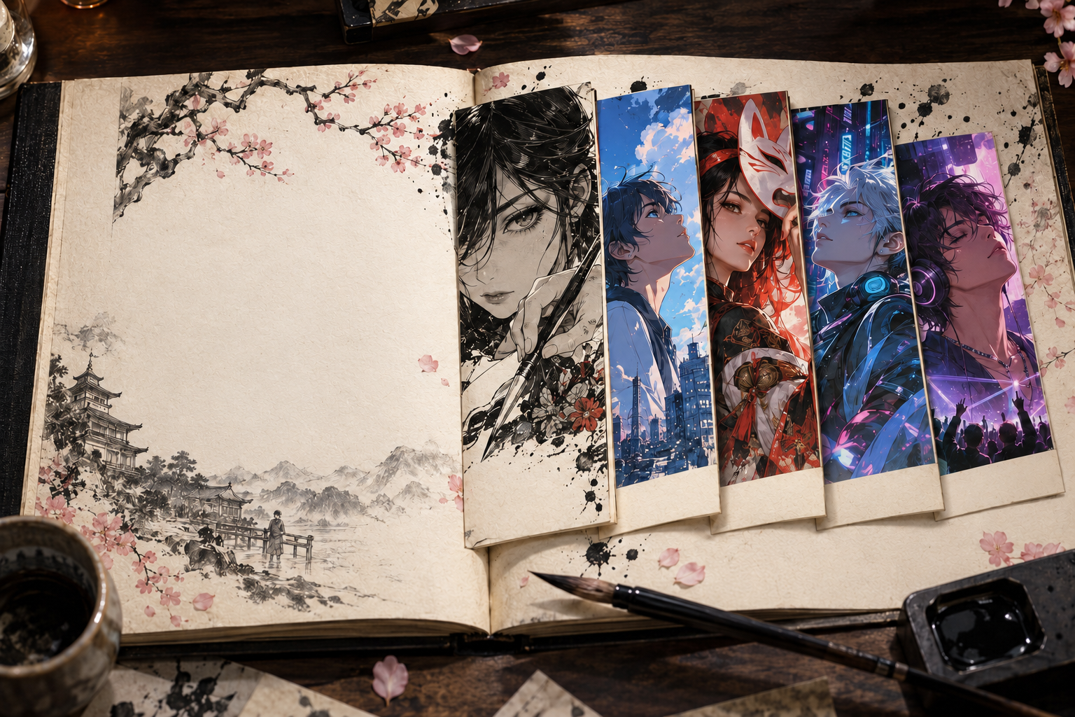An open illustrated book on a dark wooden desk. Five painted panels introduce manga, anime, cosplay, gaming and music, surrounded by ink landscapes and cherry blossoms.